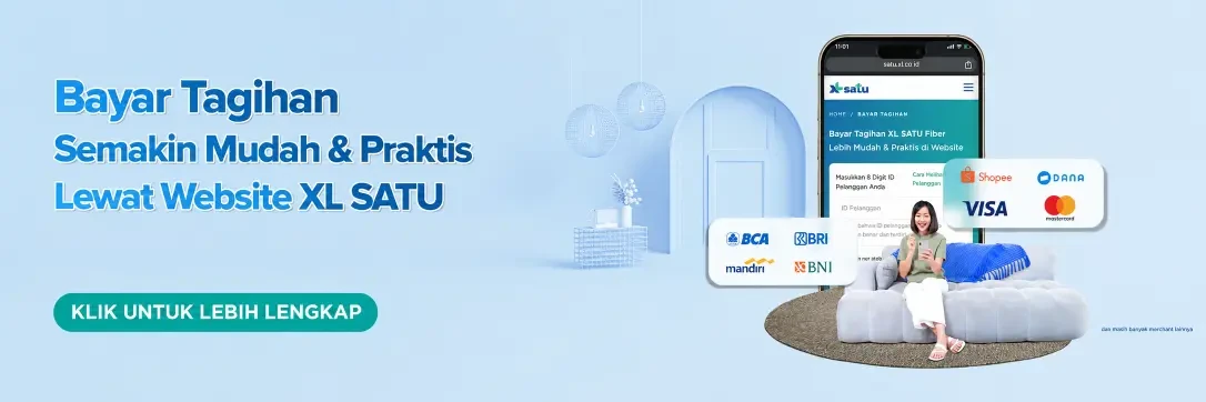 Cara bayar tagihan XL SATU Fiber lebih mudah dan praktis lewat website resmi, tersedia BCA, BRI, Mandiri, BNI, Shopee, DANA, Visa, Mastercard